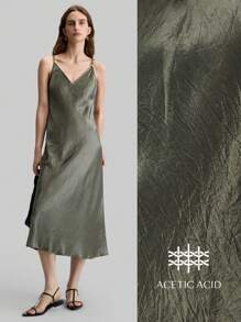 Ontre 2025 Nuevo vestido de satén de acetato con cuentas elegante y urbano de color gris verdoso para mujer, primavera