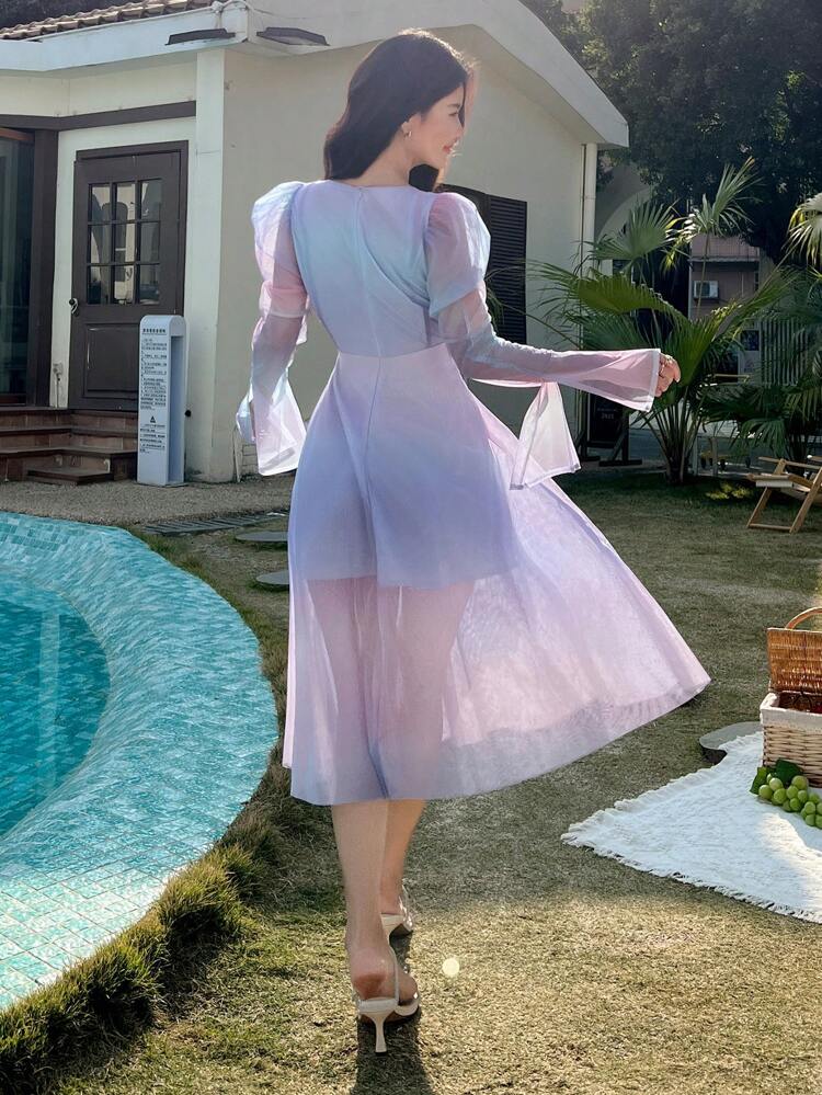 Novo Lançamento de Primavera Vestido de Alça Transparente com Cintura Marcada, Vestido Longo de Praia Degradê Ombré para Mulheres, Vestido Longo de Manga Comprida Vestido Longo Maxi para o Outono