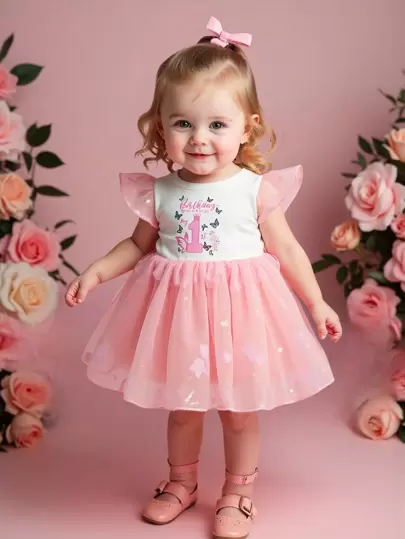 SHEIN Newborn Elegant Cute Interesting Birthday Slogan Butterfly Tulle Princess Dress, Suitable For Birthday, Anniversary, Photo Shoot, Party, Outdoor Activities, My First Birthday Slogan
