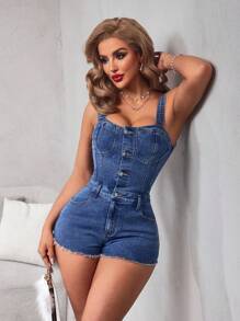 SHEIN BAE 女士休闲洗水边修身牛仔连体裤 - 藍色 - 查看 2