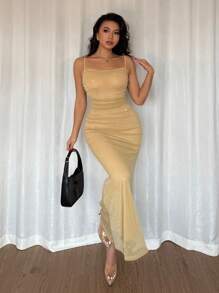 Gloray Elegant Spaghetti Strap Gold Metallic Fitted Mesh Fish Tail Dress, Women Spring/Summer