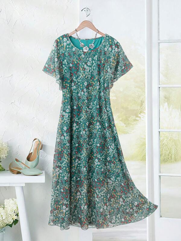 EMERY ROSE Plus Size Women Summer Country Vacation Casual Round Neck  Short Sleeve Green Floral Print Long Dress,Summer Dresses For Women,Casual Everyday Wear,Comfortable And Breathable