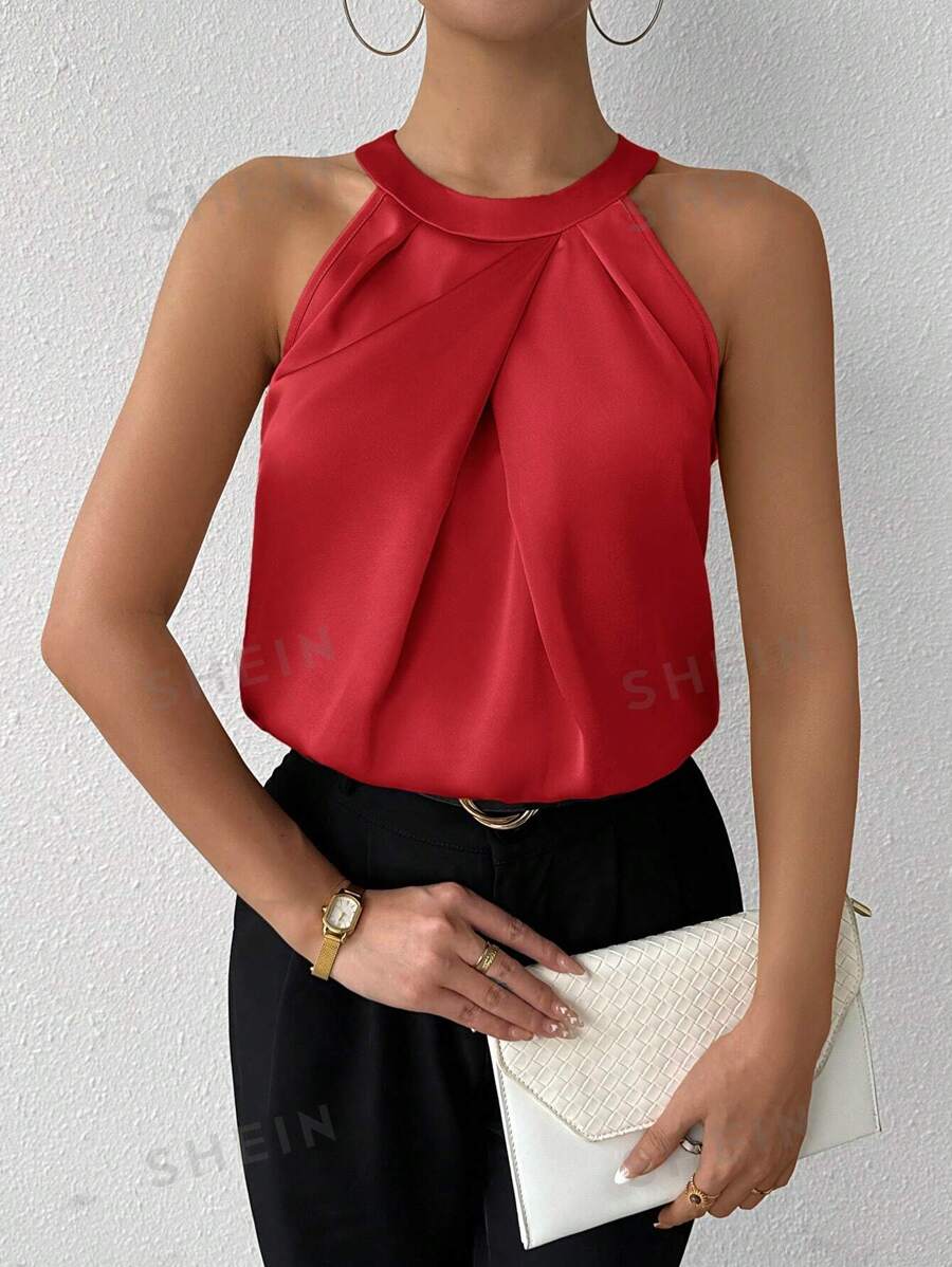 SHEIN Privé Camisa sin cuello champán de unicolor con pliegues y sin mangas, conjunto elegante y sencillo para usar en la oficina en verano