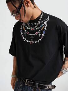 AXEPEAK Men's Loose Knitted Printing Short Sleeve T-Shirt - Black - View 1