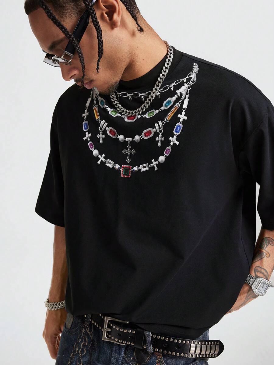 AXEPEAK Men's Loose Knitted Printing Short Sleeve T-Shirt - Black - View 1