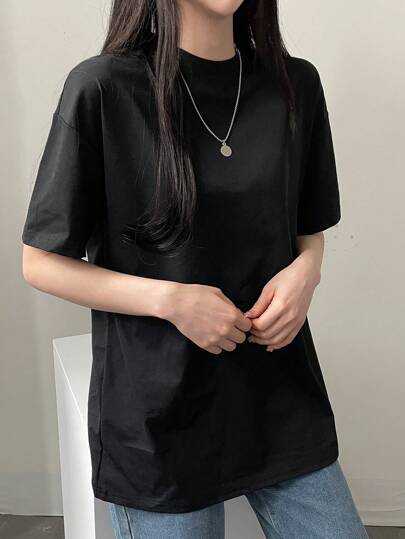 DAZY 女士纯色圆领长款宽松短袖T恤夏季超大码T恤学院风上衣