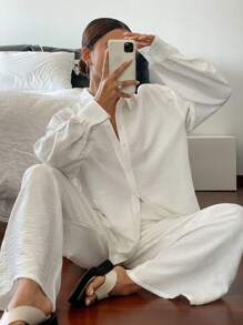 Livesso 新款宽松休闲长袖上衣，夏季女士加大码套装商务装 - 米色 - 查看 3