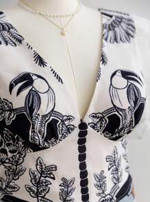 Soleia Blusa de manga abullonada con estampado retro para mujer talla grande