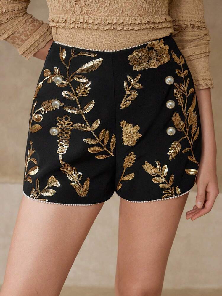 SEQUIN PLANT EMBROIDERY SHORTS