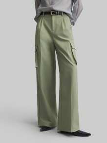 Ontre 复古风格休闲户外牛油果绿色女式直筒裤，带 3D 口袋，都市春夏长裤 - 綠色 - 查看 4