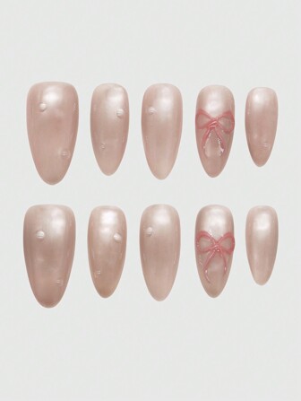 Kawaii 10 pezzi di unghie finte con design a fiocco da applicare + 3 fogli di adesivo biadesivo, adesivi per unghie dipinti a mano con effetto occhio di gatto staccabili, adatti per feste, balli e uso quotidiano