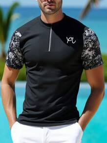 Manfinity Swimmode Camiseta de manga corta de surf de media cremallera con cuello redondo y pantalón de baño estampado en tie dye para hombre, estilo hawaiano