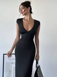 Firerie New Style Elegant & Sexy Bodycon Deep V-Neck Maxi Dress For Women, With Puffed Sleeve & Tie Waist Design, Suitable For Festival/Valentine's Day