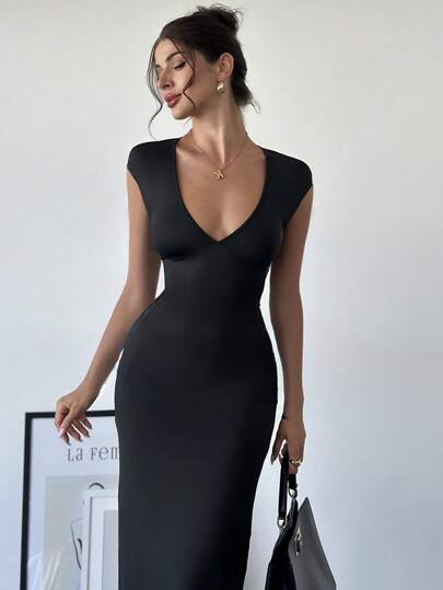 Firerie New Style Elegant & Sexy Bodycon Deep V-Neck Maxi Dress For Women, With Puffed Sleeve & Tie Waist Design, Suitable For Festival/Valentine's Day