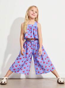 THE HAPPY LOOK Conjunto de top de tirantes y pantalones de pierna ancha con estampado de cerezas para niñas, ideal para verano
