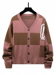 Manfinity Homme Cárdigan casual holgado de una hilera, de manga larga y estampado a cuadros, para hombre talla grande, Cárdigan de hombros caídos con letra para otoño/invierno, cárdigan casual de mezcla de colores, como regalo para el esposo o novio