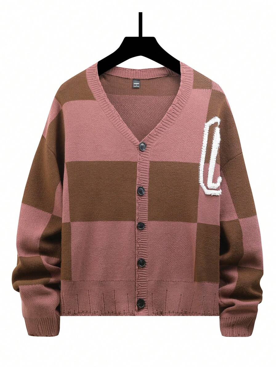 Manfinity Homme Cárdigan casual holgado de una hilera, de manga larga y estampado a cuadros, para hombre talla grande, Cárdigan de hombros caídos con letra para otoño/invierno, cárdigan casual de mezcla de colores, como regalo para el esposo o novio