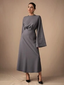 EURMUSE Elegant Commuter Simplistic Solid Color Bell Sleeve Long Dress - Dark Grey - View 3