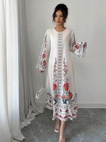 Yasmyna Women's Woven Print Long Sleeve Loose Arabian Dress - Apricot - View 3