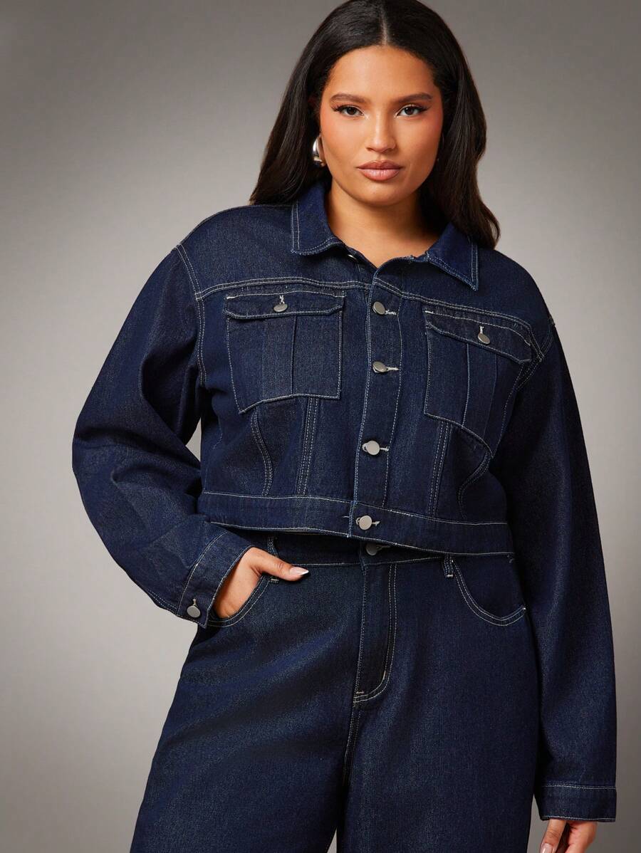 Denimoi Plus Size Casual Crop Denim Jacket - Dark Wash - View 1