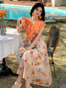 DAZY New Summer Beach Vacation Stunning Ruffle Hem Orange Ditsy Floral Dress, Unique Design Elegant Long Dress For Ladies - Yellow - View 4