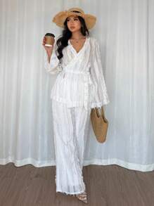 Rafferiza 优雅浪漫羽毛装饰透视长袖和裤子两件套 - 白色 - 查看 2