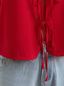 Soleia 大码女式无袖V领开襟系带宽松休闲上衣 - 紅色 - 查看 3