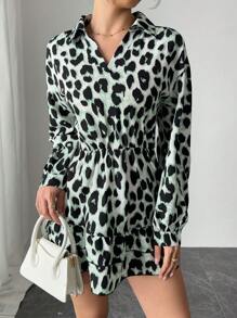 Elenzga Women Polo Collar Casual Leopard Print Ruffle Hem Long Sleeve Dress