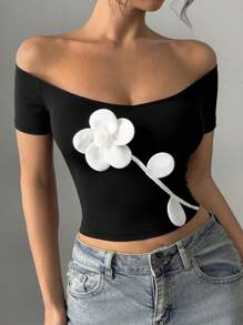 Firerie 节日和假期优雅撞色 3D 花卉露肩 V 领短袖紧身 T 恤，工作和度假时尚，春夏