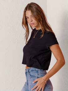 Aralina Jet Black Cropped Hem Capped Sleeve Tee