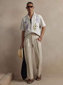 AKNOTIC Business Casual 男士梭织修身直筒休闲西装裤，适合日常穿着，毕业礼物，亚麻 - 杏色 - 查看 2