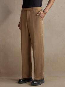 Men's Khaki Woven Long Middle Waist Straight Leg Casual Pants With Beaded Rhinestones, Suitable For Everyday Wear, Spring/Summer, Vacation, Wedding, Party, Graduation Gift
