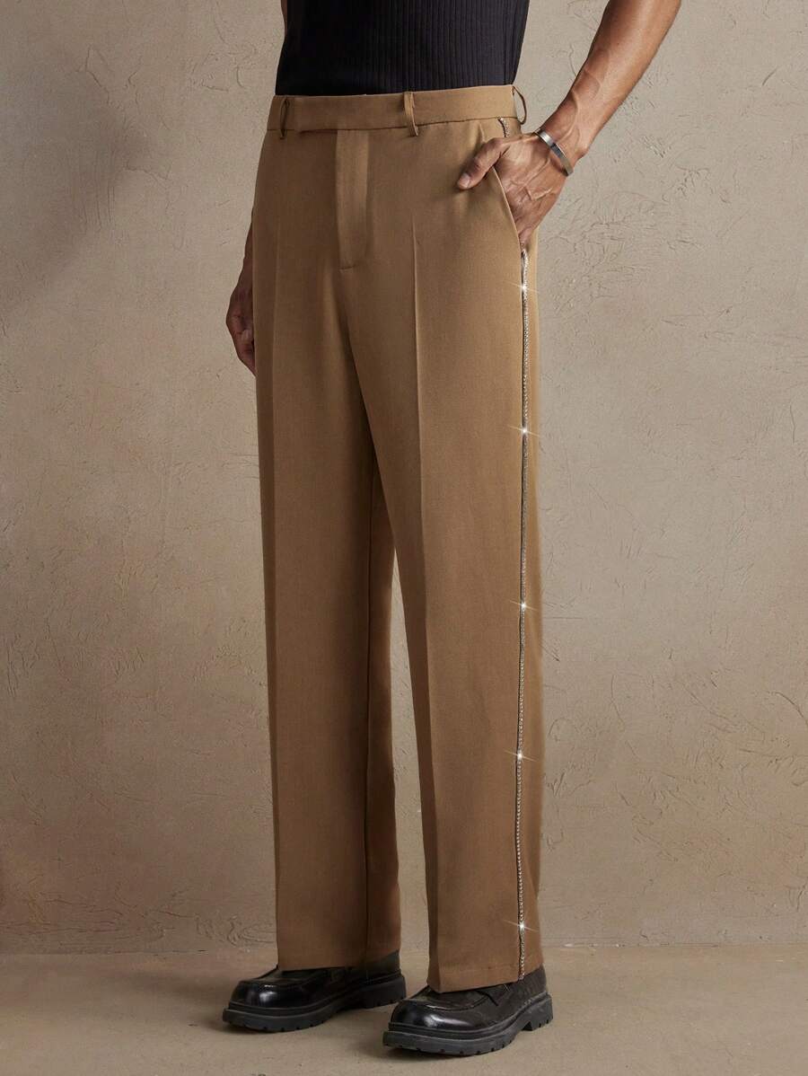 Men's Khaki Woven Long Middle Waist Straight Leg Casual Pants With Beaded Rhinestones, Suitable For Everyday Wear, Spring/Summer, Vacation, Wedding, Party, Graduation Gift