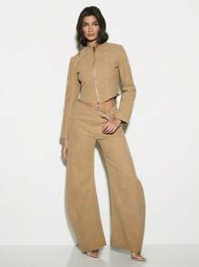 KIZN Designer Wide Leg Suede Trousers High Waist Palazzo Pants Premium Fall Winter Fashion Statement Bottoms Luxe Casual Wear