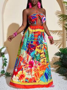 Slaydiva Women's Summer Vacation Sexy Floral Print Halter Maxi Long Dress - Multicolor - View 1