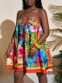 Slaydiva Váy ngắn không tay họa tiết lá cây rừng nhiệt đới cho nữ ngày lễ - Nhiều màu - Xem 5
