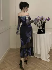 DAZY Wiosenna nowa sukienka letnia z kwiatowym nadrukiem i talią, Muse Off Shoulder Mesh Transparent Full Bloom Dress dla kobiet, falbana