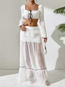 Breezaya Women Elegant Texture Cropped Top And Color Block Ruffled Skirt Co-Ord Set - White - View 1