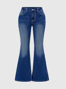 ROMWE Fairycore Pastoral Deer Embroidery Denim Jeans, Spring/Summer - Navy Blue - View 2