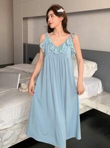 DAZY Camisón de pijama con tirantes de lazo y volantes de encaje - Azul - Ver 5