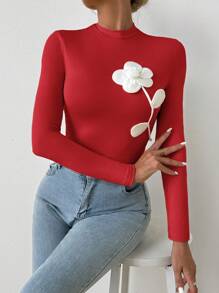 SHEIN Privé 女士优雅 3D 花卉图案黑色长袖修身 T 恤，适合通勤和度假 - 紅色 - 查看 5