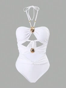 SHEIN Swim Women's Springbreak White Vacation Sexy Strapless Backless One-Piece Swimsuit For Summer - White - View 5