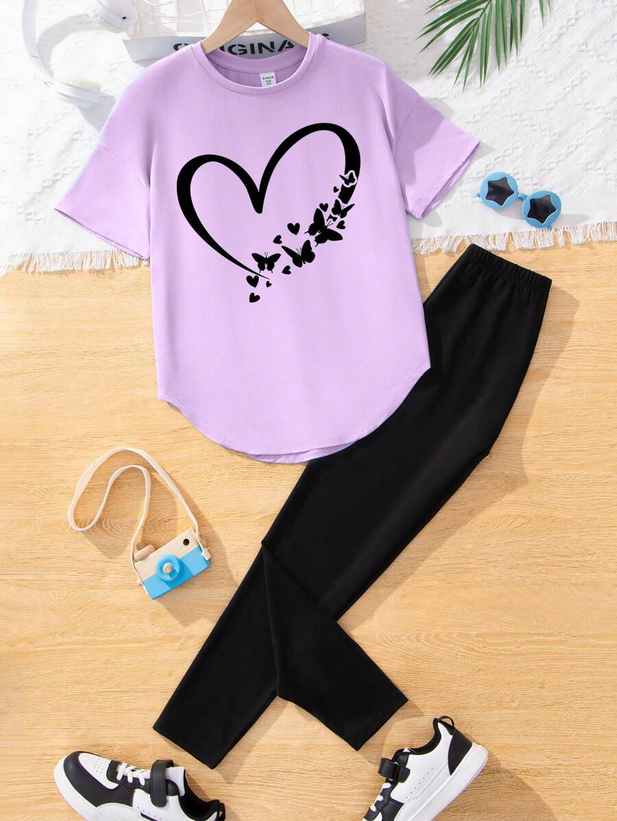 SHEIN 2 peças Conjunto de Top de Manga Curta e Calça Casual Simples para Jovem Menina, Adequado para Primavera/Outono - Multicolorido - Visão 1
