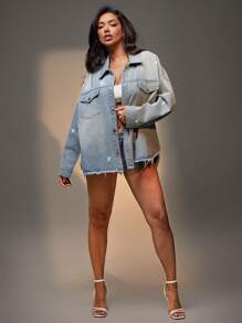 Denimoi Rhinestone Detail Oversized Denim Coat - Light Wash - View 5