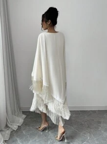 Chiquease Elegant Women's Music Festival Tassel Trim Waist Long Sleeve Dress - Apricot - View 2