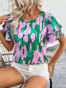 EMERY ROSE Blusa con mangas con volantes y estampado de mariposas para vacaciones de primavera/verano de mujer - Multicolor - Ver 6