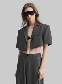 Ontre 2025 Women's Grey Cropped Short Sleeve Blazer, Cropped Design Highlights Leg Length, Versatile Blazer For Spring/Summer, Urban Casual, Commuting