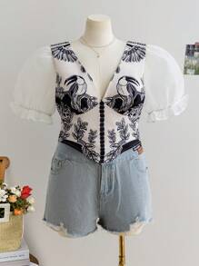 Soleia Blusa de manga abullonada con estampado retro para mujer talla grande