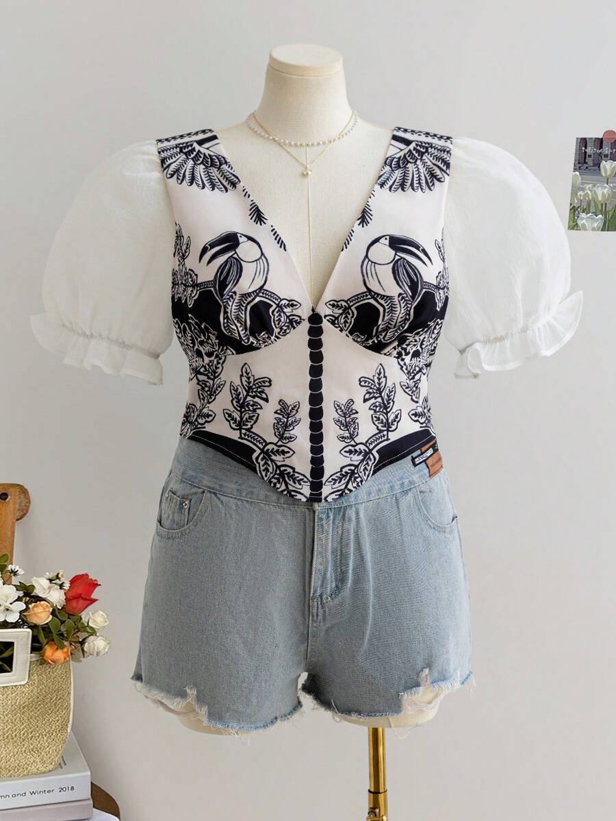 Soleia Plus Size Women's Retro Print Bubble Sleeve Blouse - Multicolor - View 1