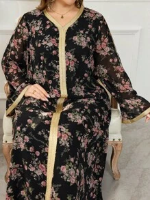 Al Najma 大码女式雪纺花卉浪漫优雅保守假日阿拉伯连衣裙